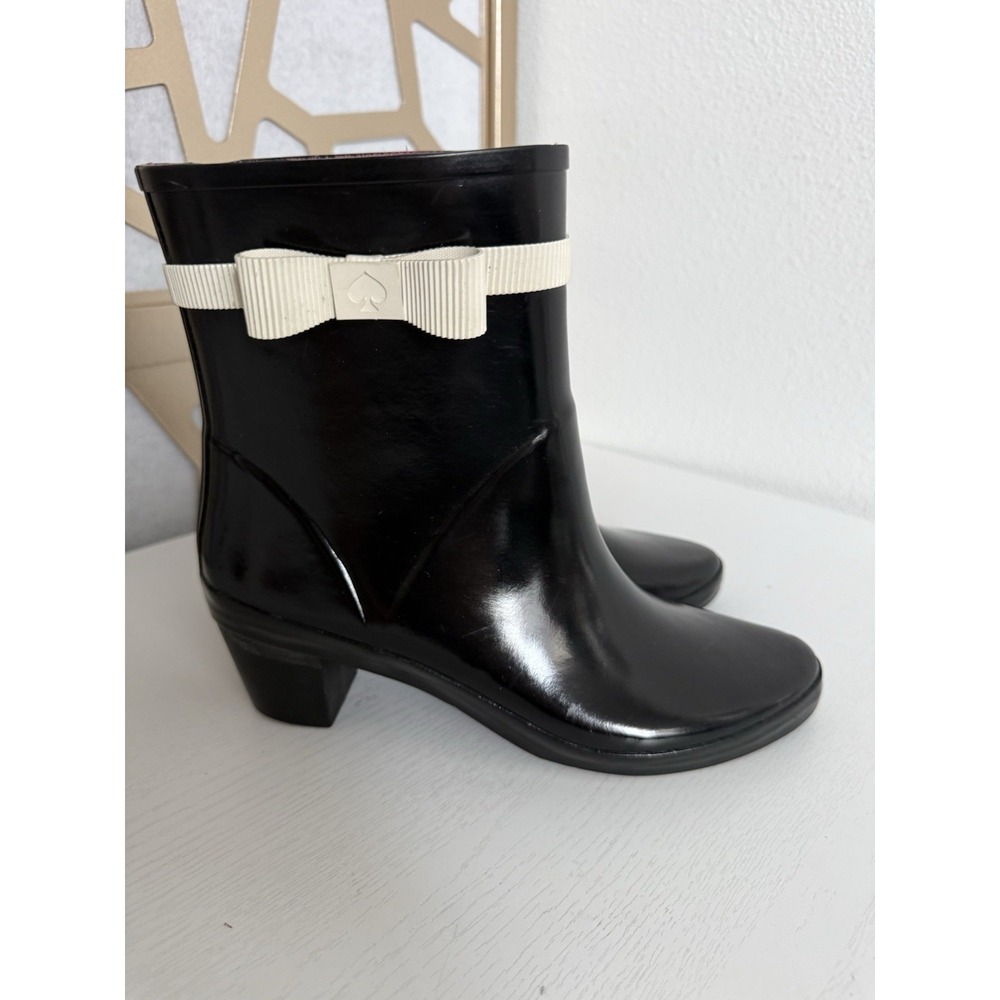 Kate Spade Paloma Black Heeled Rain Boot with Ivory Bow and Pink Lining Size 9